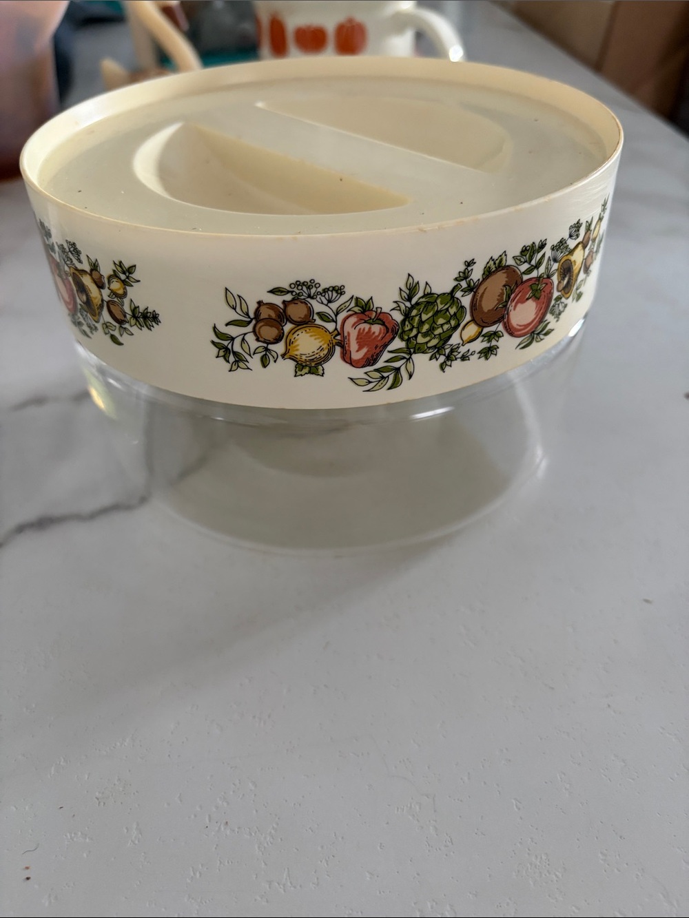 Vintage Fruit Pattern Clear glass Canister with Cream Lid
